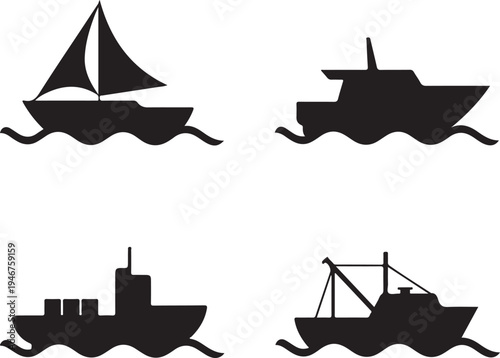 Four distinct types of water vessels sailing on calm seas Vector