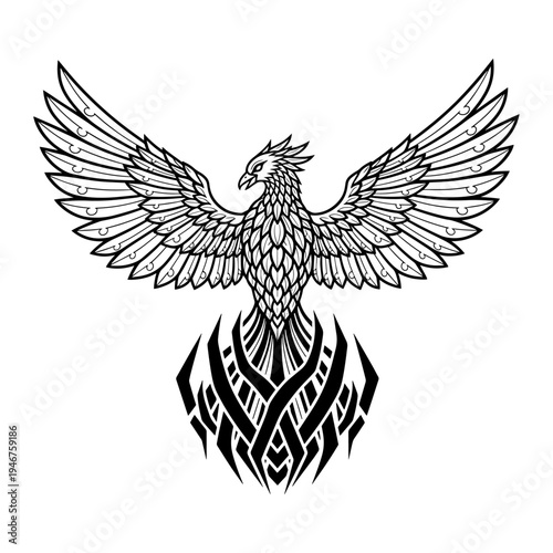Mythical phoenix rising from intricate flame patterns with outstretched wings