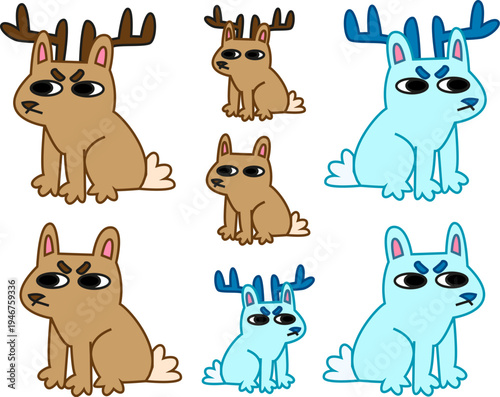 Illustrative set featuring two mythical jackalope hare characters, one brown and one blue. Ideal for fantasy branding, storytelling illustrations, or quirky mascot designs.