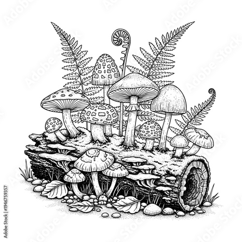 Whimsical forest scene featuring a variety of mushrooms and ferns on a log