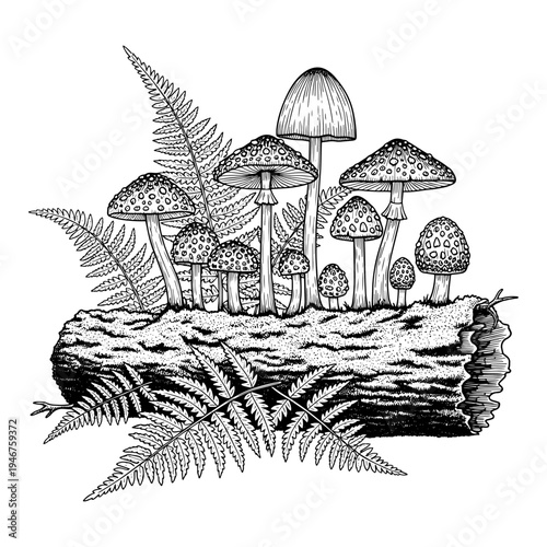 Whimsical cluster of mushrooms growing on a decaying tree stump in a forest setting