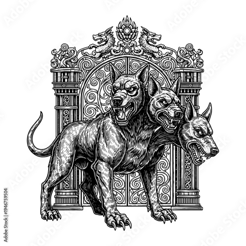Mythical guardians: cerberus and canine companions in ornate archway