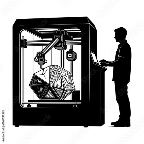 A person monitoring a 3d printer creating a geometric structure.
