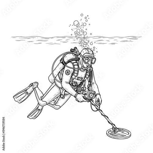 Scuba diver using a metal detector underwater to search for submerged treasures