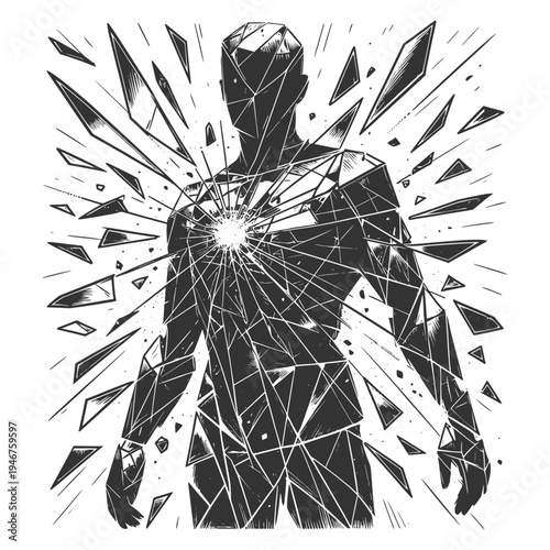human figure made entirely of fractured glass pieces, emotional pain, vulnerability, psychological crisis, and inner collapse sketch engraving generative ai vector illustration. Black and white image.