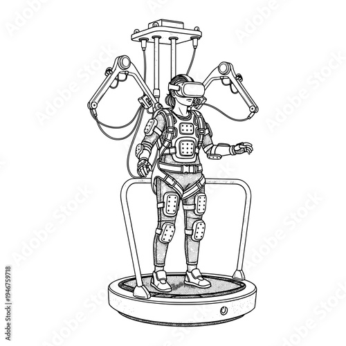 A futuristic exoskeleton suit with virtual reality headset for immersive training or therapy