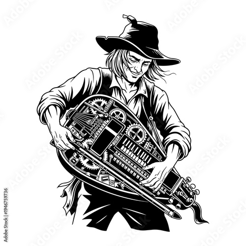 Mysterious wanderer playing an intricately designed harp-like instrument