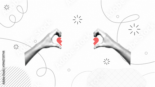 PrintRetro Halftone Hands Holding Broken Heart Pieces Apart, Love Breakup Separation Concept, Minimal Abstract Relationship Conflict Illustration