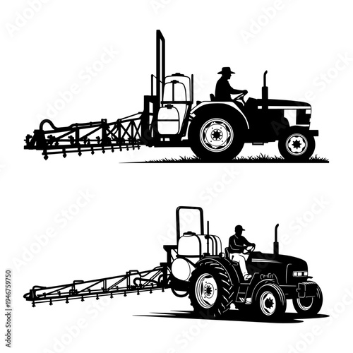 Two tractors equipped with different agricultural implements in action