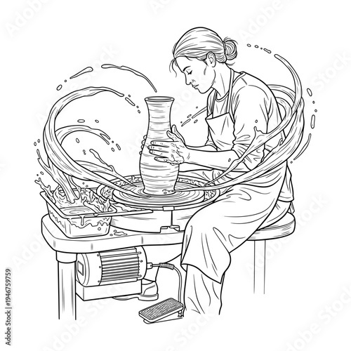 A potter crafting on a wheel in a traditional studio setting