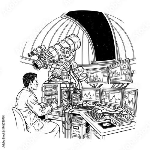 A vintage astronomer operating a complex telescope and control systems in an observatory