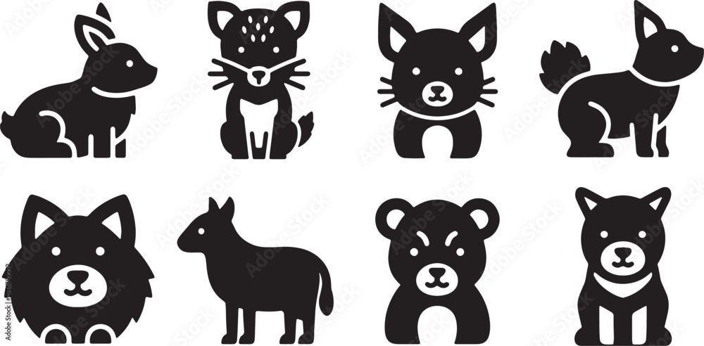 Fototapeta premium Black Solid Woodland Animals Grouped for Warmth Set of Six on White Background
