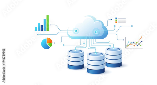 Cloud computing concept with database servers and data analytics icons
