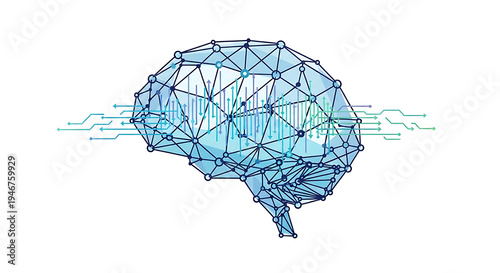 Blue brain infographic with geometric lines and nodes