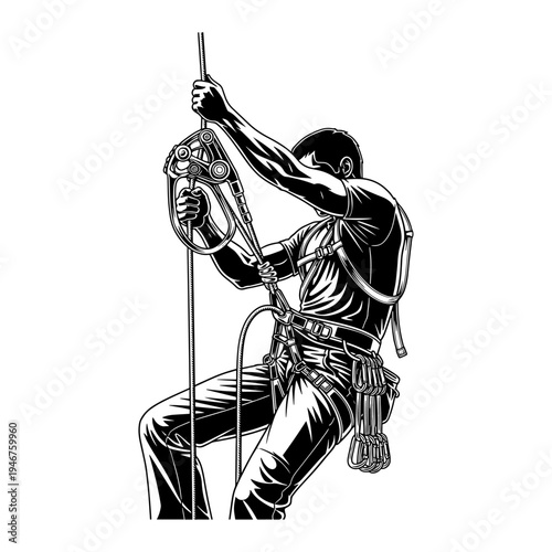 Climber using specialized gear and rope for ascending a vertical surface safely.