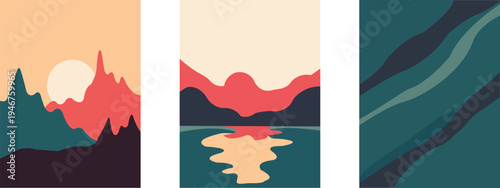 Abstract mountain landscape triptych with water and vegetation