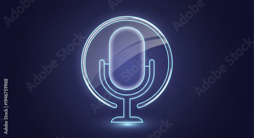 Glowing Neon Microphone Icon on Dark Background.