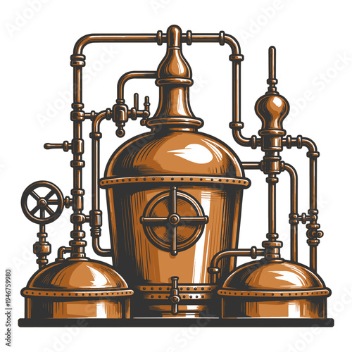 traditional copper distillation apparatus with pipes and valves, alcohol distilling, chemistry equipment, and industrial brewing technology sketch engraving generative ai vector illustration. 
