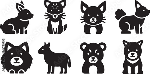 Black Solid Woodland Animals Grouped for Warmth Set of Six on White Background