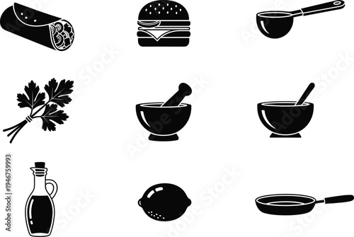 Silhouette food icons, cooking tools, kitchen utensils, culinary design, ingredients, vector illustration, black and white, concept, restaurant, gastronomy