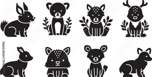 Black Solid Woodland Animals Grouped for Warmth Set of Six on White Background