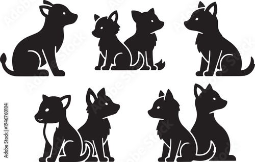 Black Solid Woodland Animals Sitting in a Circle Set of Six on White Background