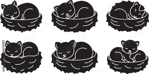 Black Solid Woodland Animals Sleeping in Nest Set of Six on White Background