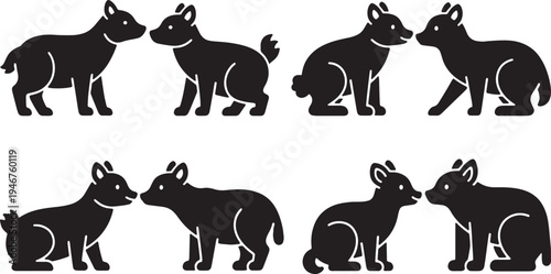 Black Solid Woodland Animals Sniffing Noses Set of Six on White Background