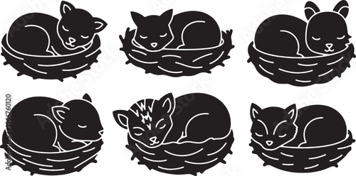 Black Solid Woodland Animals Sleeping in Nest Set of Six on White Background