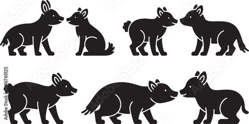 Black Solid Woodland Animals Sniffing Noses Set of Six on White Background