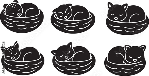 Black Solid Woodland Animals Sleeping in Nest Set of Six on White Background