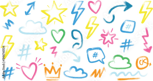 Colorful collection of hand drawn symbols and icons