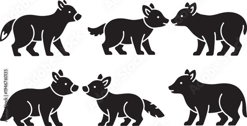 Black Solid Woodland Animals Sniffing Noses Set of Six on White Background