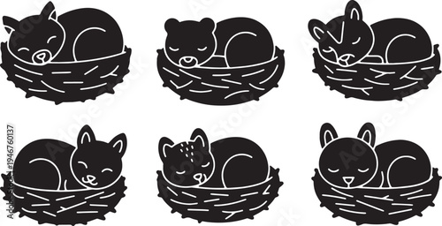 Black Solid Woodland Animals Sleeping in Nest Set of Six on White Background
