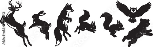 Black Solid Woodland Animals Startled Jumping Set of Six on White Background