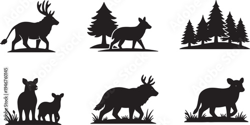 Black Solid Woodland Animals Walking Away Set of Six on White Background