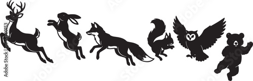 Black Solid Woodland Animals Startled Jumping Set of Six on White Background