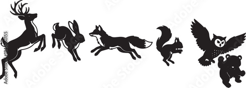 Black Solid Woodland Animals Startled Jumping Set of Six on White Background