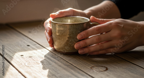 Close-up of hands holding a metal cup on a wooden table with warm lighting