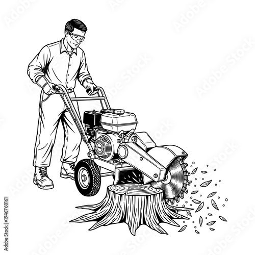 A person using a wood chipper to process a freshly cut tree stump into mulch