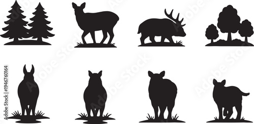 Black Solid Woodland Animals Walking Away Set of Six on White Background