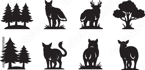 Black Solid Woodland Animals Walking Away Set of Six on White Background