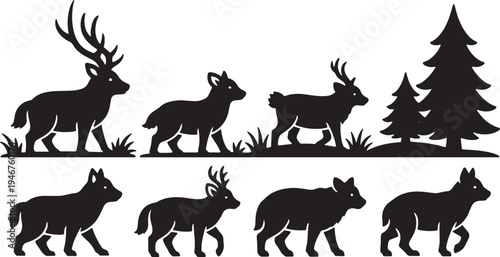Black Solid Woodland Animals Walking in a Line Set of Six on White Background