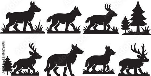Black Solid Woodland Animals Walking in a Line Set of Six on White Background