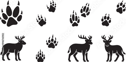 Black Solid Woodland Animals With Footprints Set of Six on White Background
