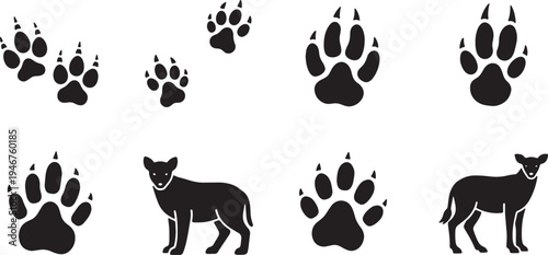 Black Solid Woodland Animals With Footprints Set of Six on White Background