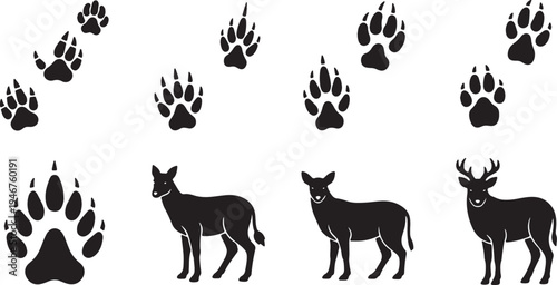 Black Solid Woodland Animals With Footprints Set of Six on White Background