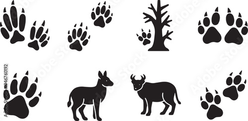 Black Solid Woodland Animals With Footprints Set of Six on White Background
