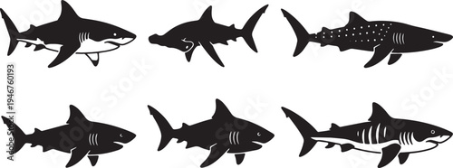 Black Solid Shark Silhouettes Set of Six on White Background