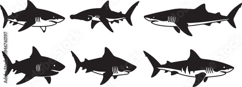 Black Solid Shark Silhouettes Set of Six on White Background